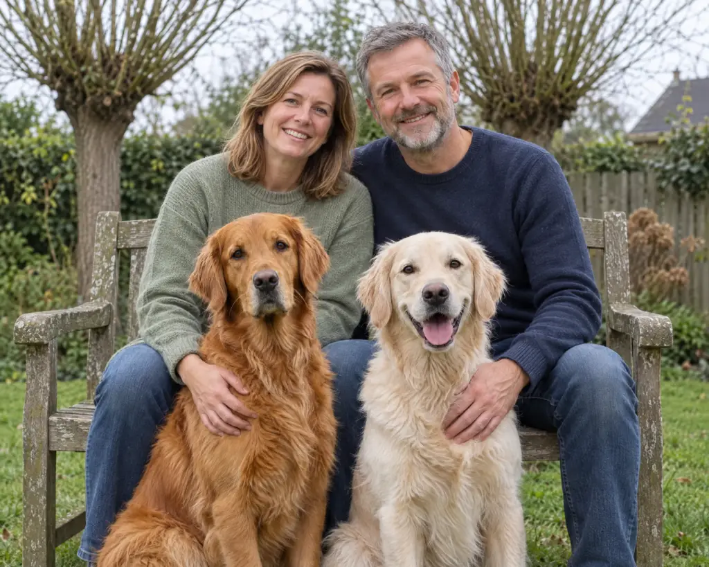 Marieke en Joost op een tuinbank met Fenna en Lotte voor zich
