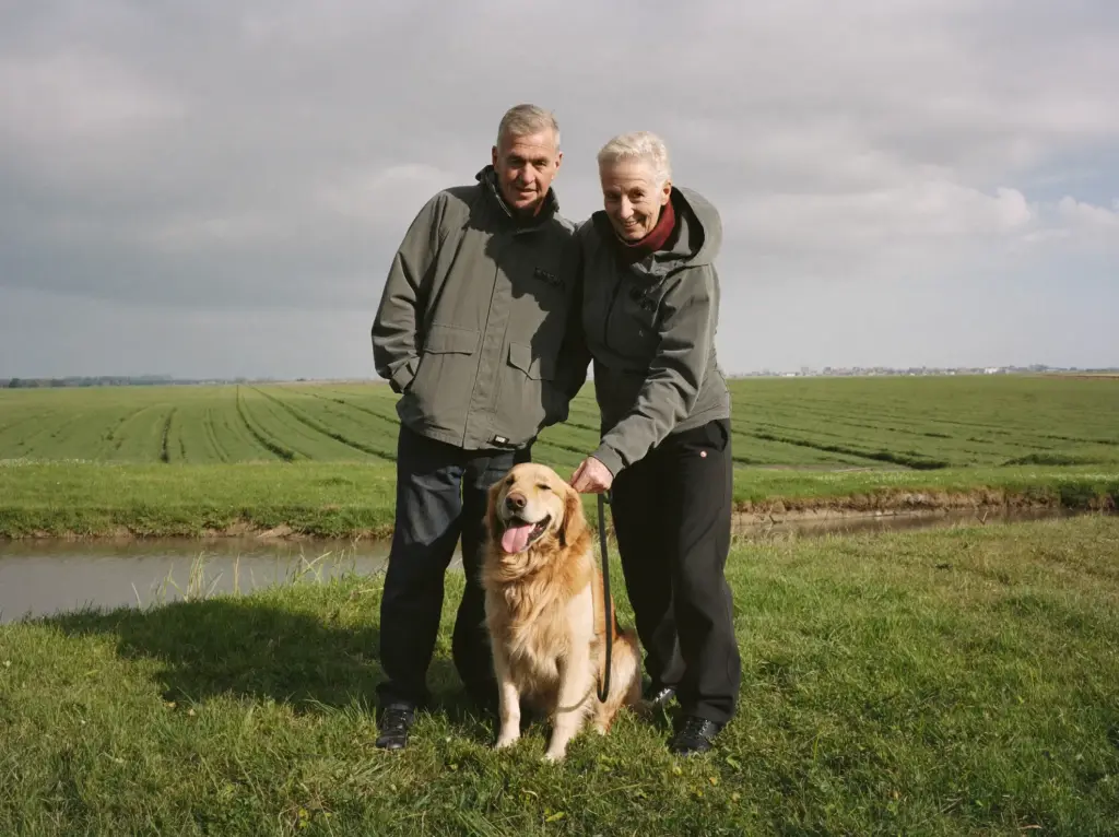 Gerard en Wil op de dijk in de polder met hun Golden Retriever Dex