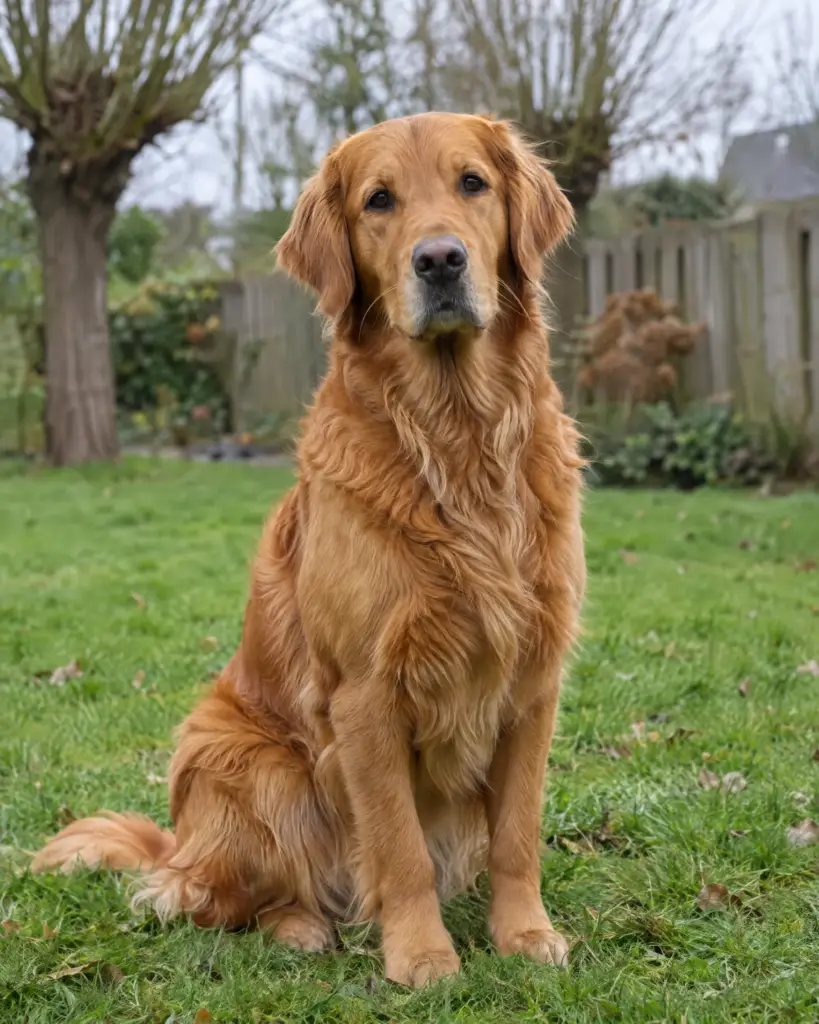 Fenna, een donkergouden Golden Retriever-teef, zit in het gras van de tuin met knotwilgen op de achtergrond