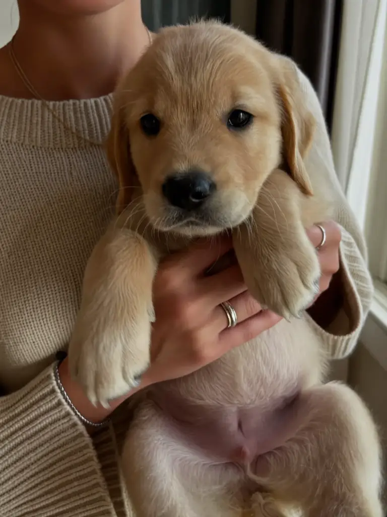 Een Golden Retriever-pup wordt voorzichtig vastgehouden in twee handen