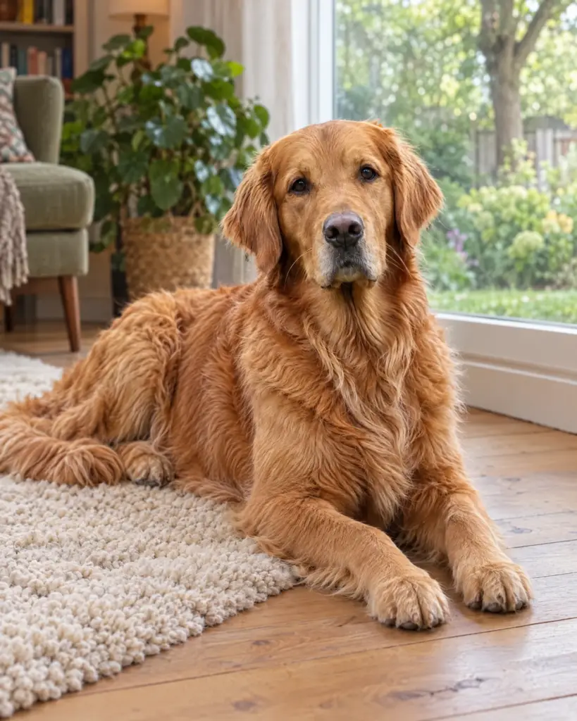Fenna ligt op een kleed bij het raam in de woonkamer, met uitzicht op de tuin