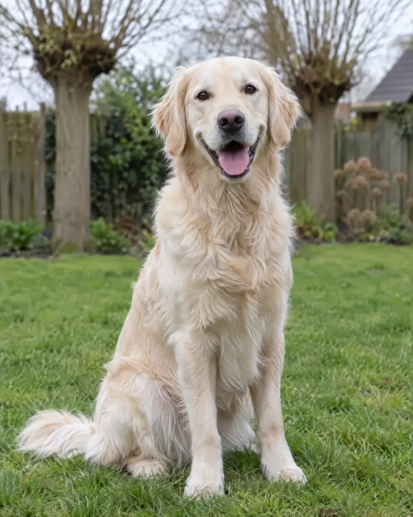 Lotte, een licht crèmegouden Golden Retriever-teef, zit vrolijk in de tuin