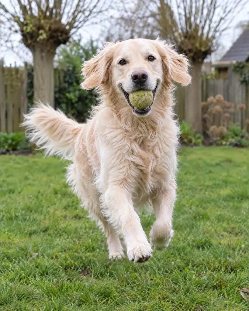 Lotte rent door de tuin met een tennisbal in haar bek