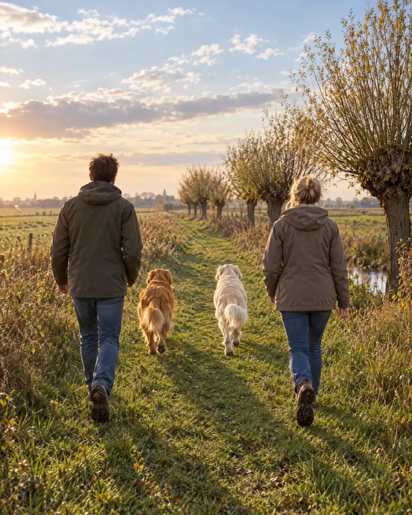 Marieke en Joost wandelen met Fenna en Lotte over een graspad tussen de knotwilgen in de polder