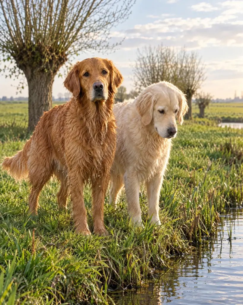 Fenna, nat van het zwemmen, en Lotte aan de rand van een polder­sloot met knotwilgen