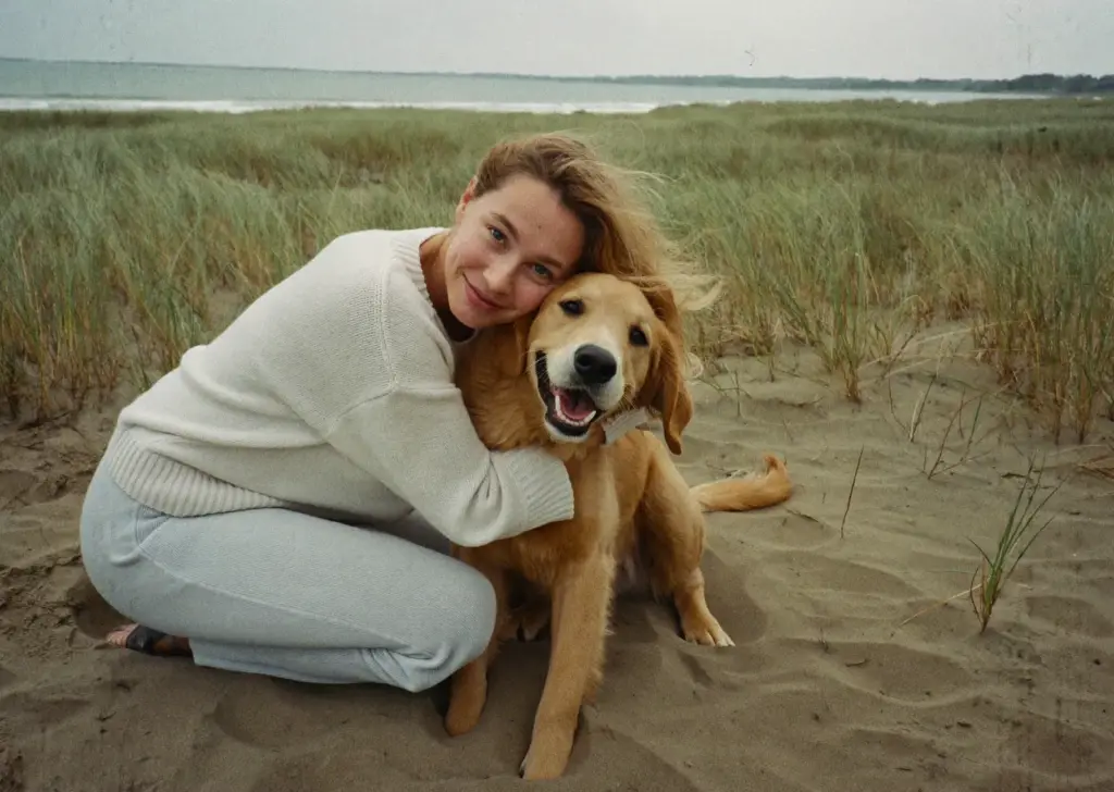 Noor knuffelt haar Golden Retriever Pip in de duinen